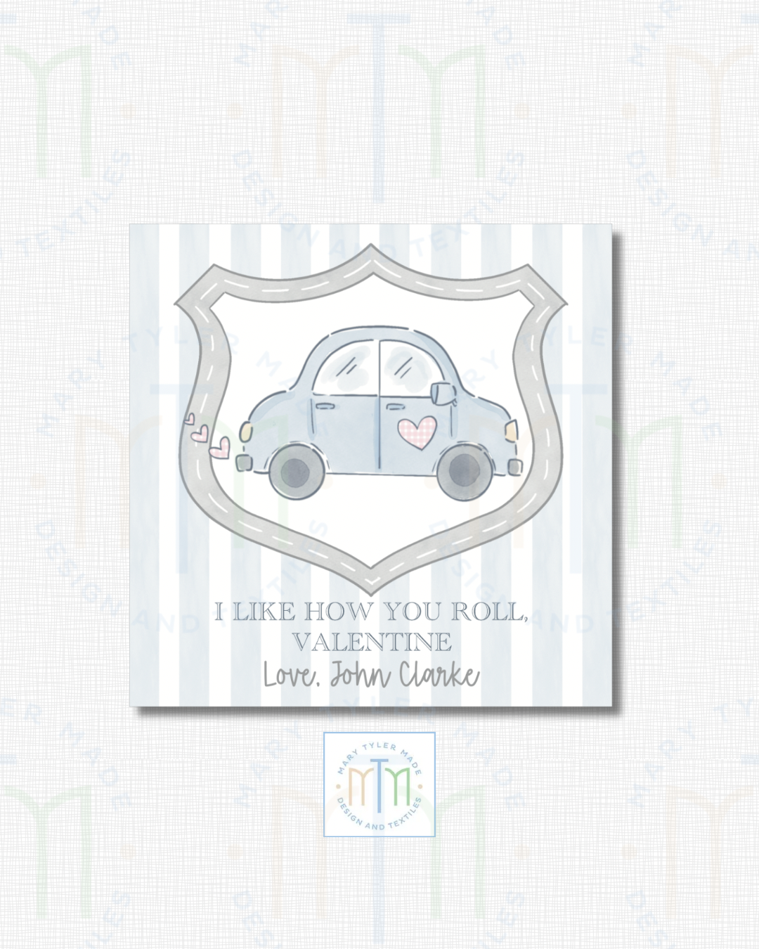 I Like How You Roll Valentine Car with Crest- Shipped Set of 25 Stickers or 3”x3” Card