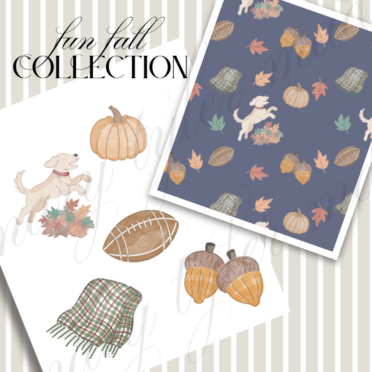 Fun Fall Set Watercolor- Digital Clipart + Seamless Background