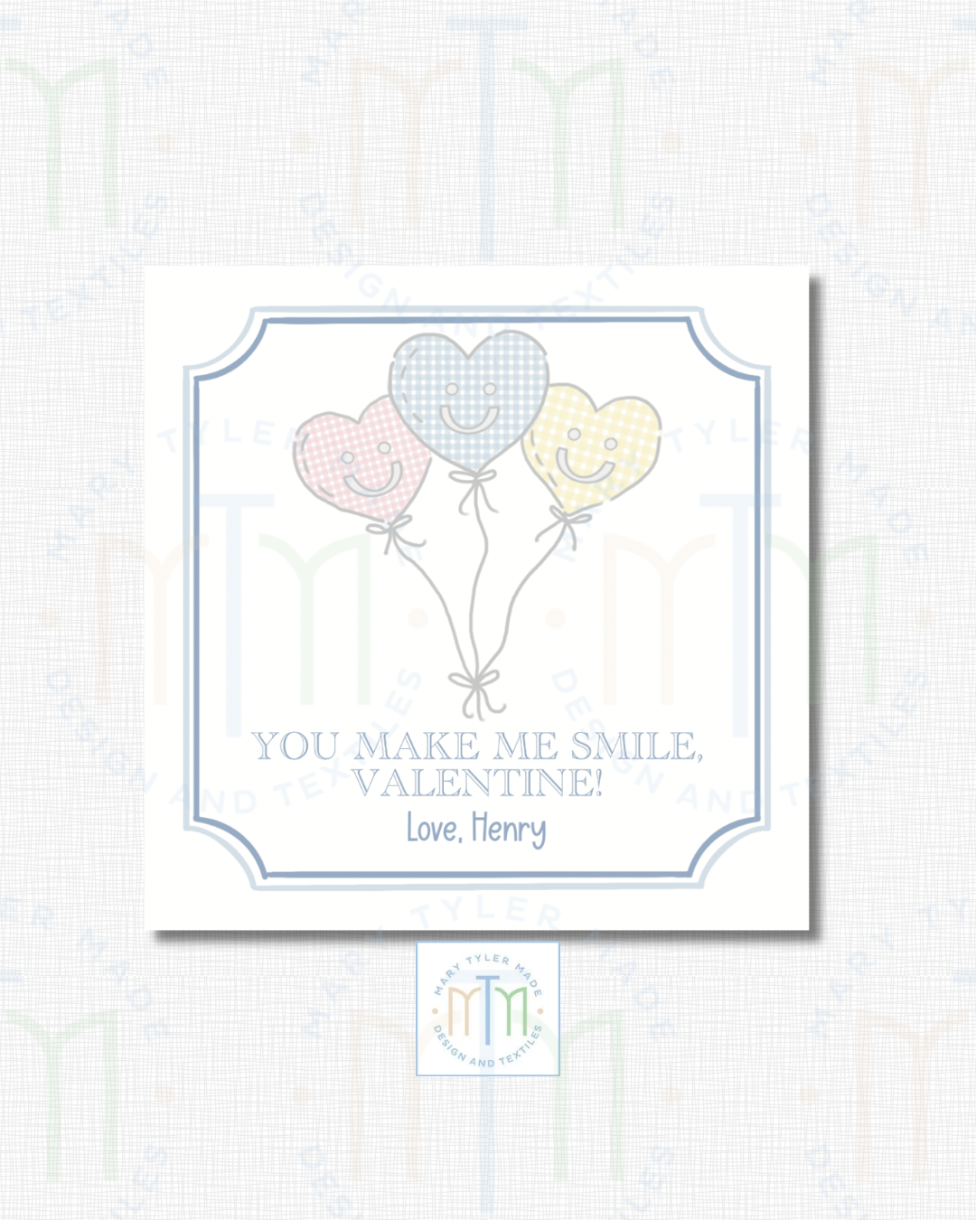You Make Me Smile Valentine with Balloon Cluster (Blue)- Shipped Set of 25 Stickers or 3”x3” Card