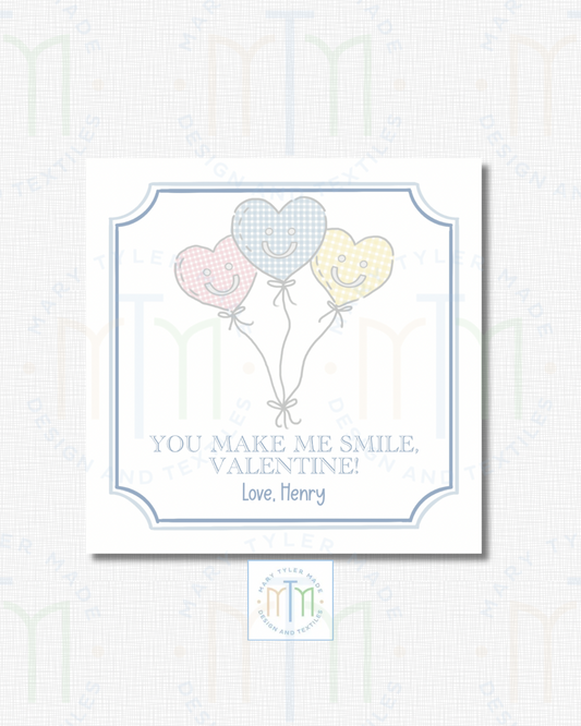 You Make Me Smile Valentine with Balloon Cluster (Blue)- Shipped Set of 25 Stickers or 3”x3” Card