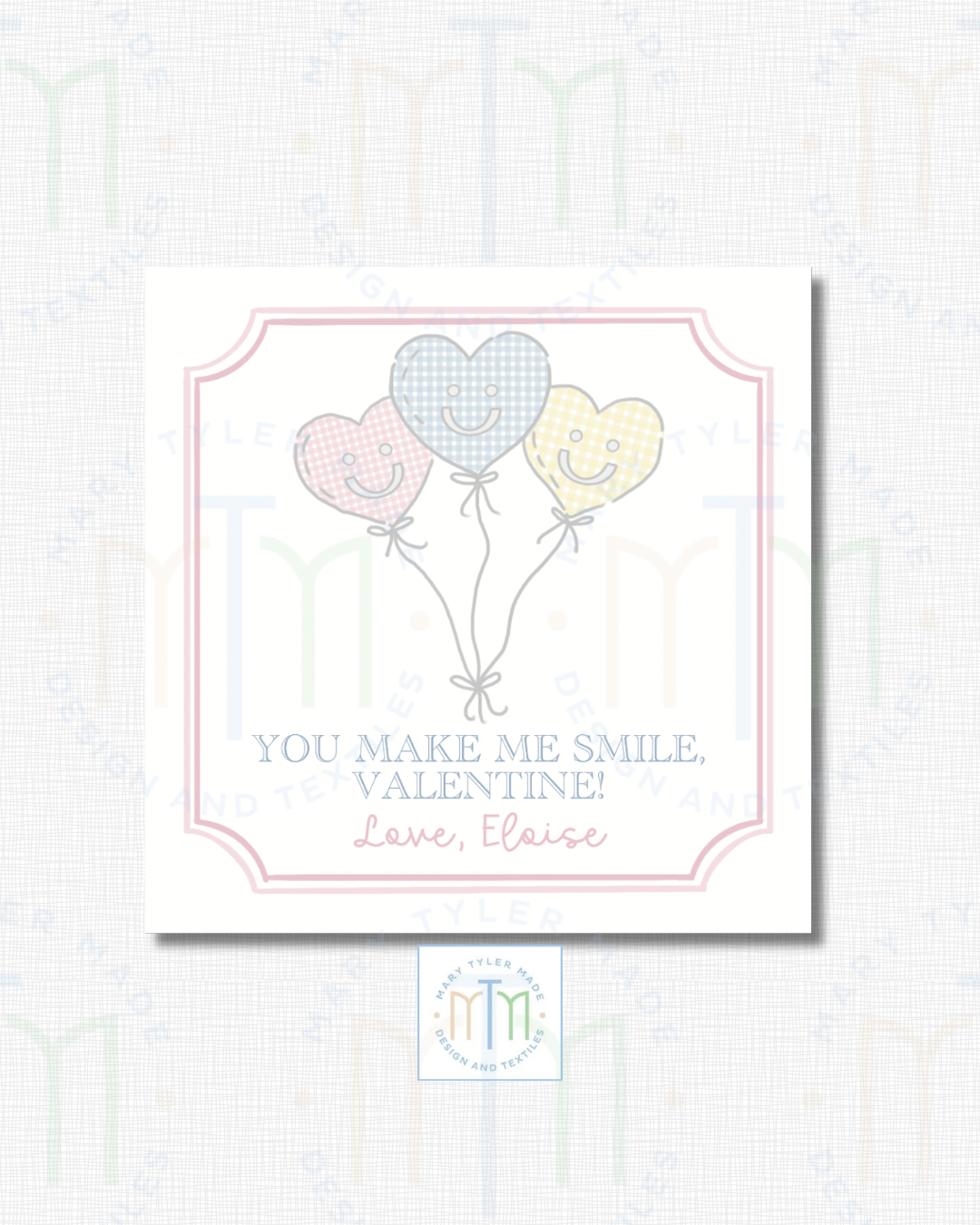 You Make Me Smile Valentine with Balloon Cluster (Pink)- Shipped Set of 25 Stickers or 3”x3” Card