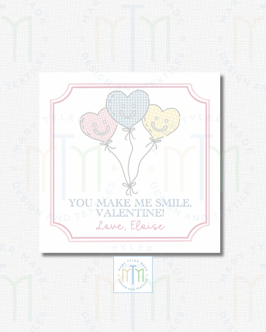 You Make Me Smile Valentine with Balloon Cluster (Pink)- Shipped Set of 25 Stickers or 3”x3” Card
