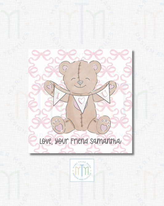 Bear Hug with I LOVE YOU Sign (Pink) - Shipped Set of 25 Stickers or 3”x3” Card