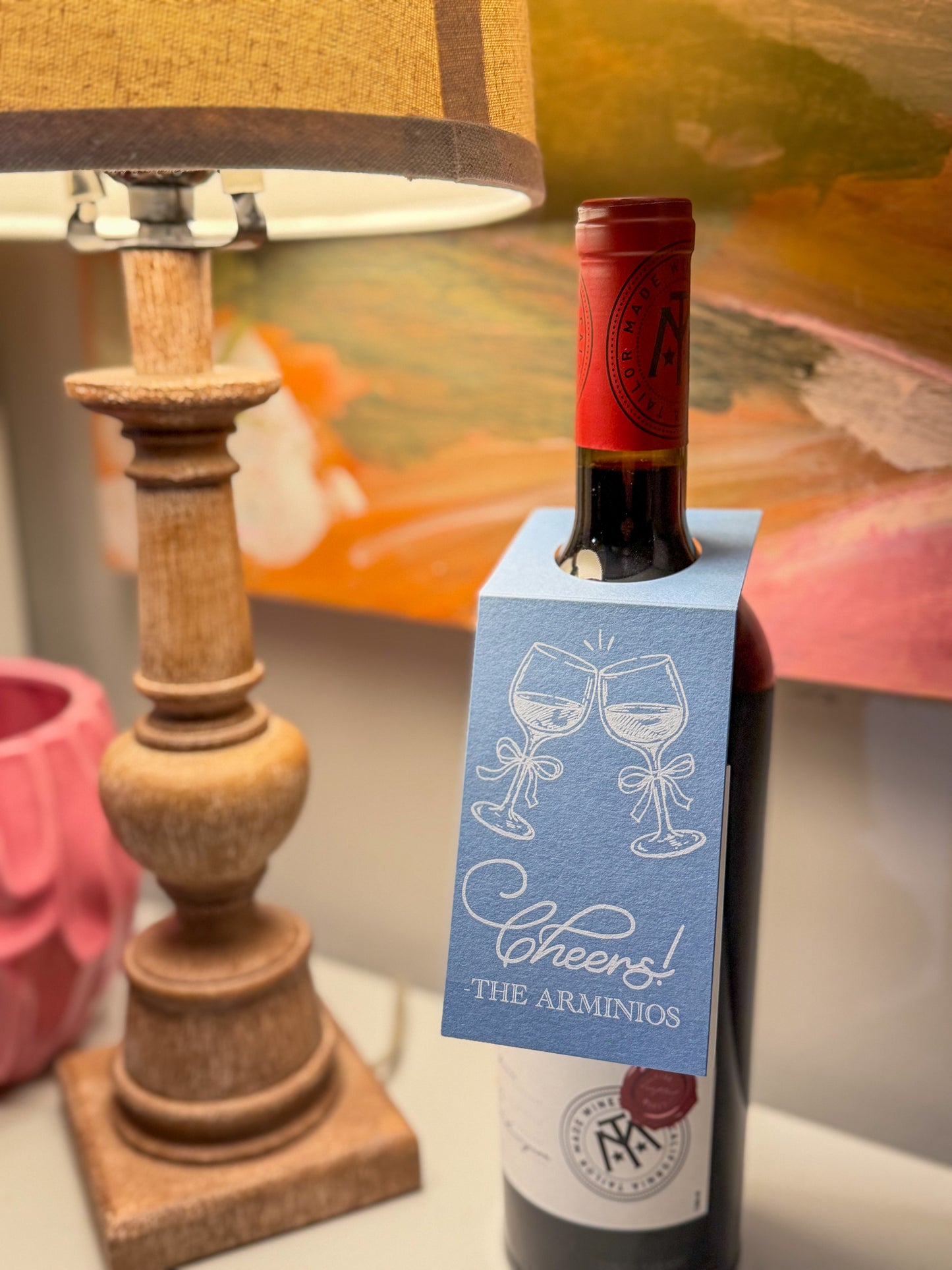 Wine Tags- Blue with White Print (Wine Glasses/ Cheers!)