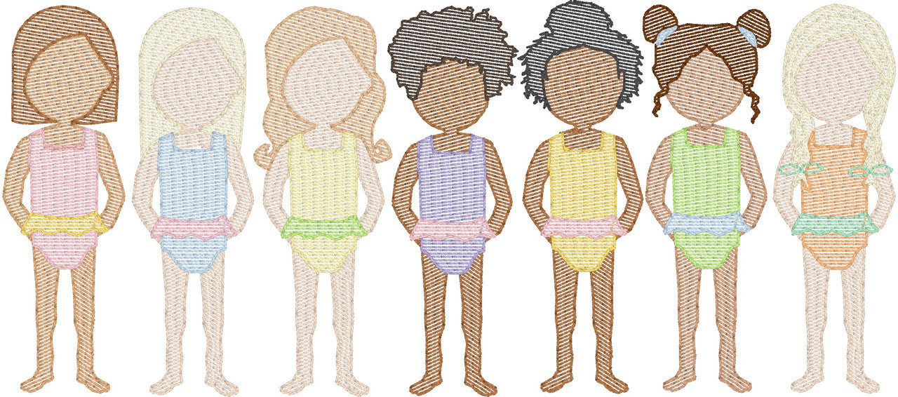 Toddler Girls in Swimsuits (Build Your Own Family) Quick Stitch Embroidery
