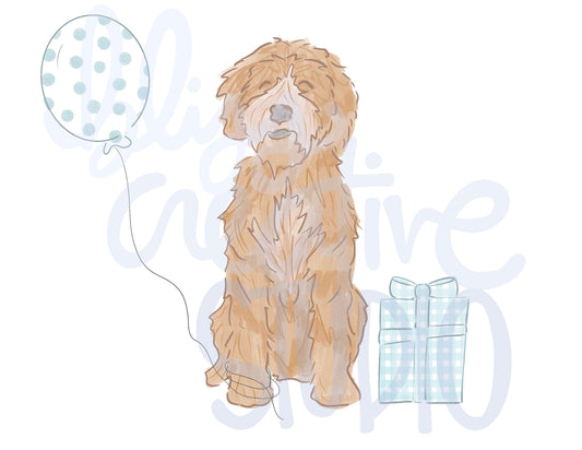 Birthday Doodle Pup with Balloon and Present Digital Clipart- Instant Download