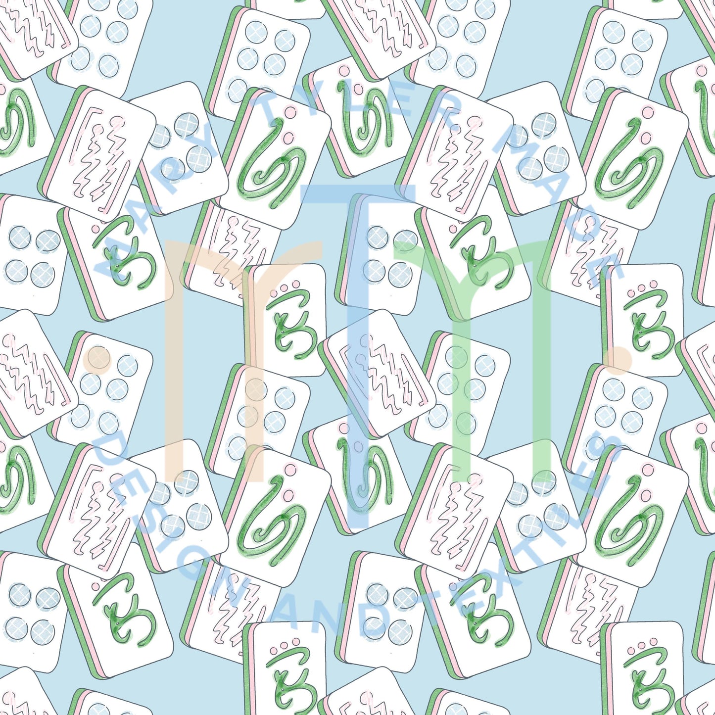 Watercolor Mahjong Tiles Seamless Design- Instant Download