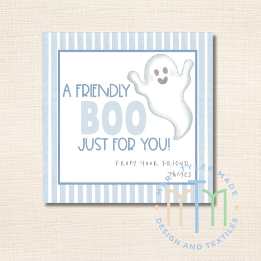 Friendly Boo Blue Halloween Tag, Printable Tag, Instant Download, Editable Tag, Halloween Party Favor, Digital Tag