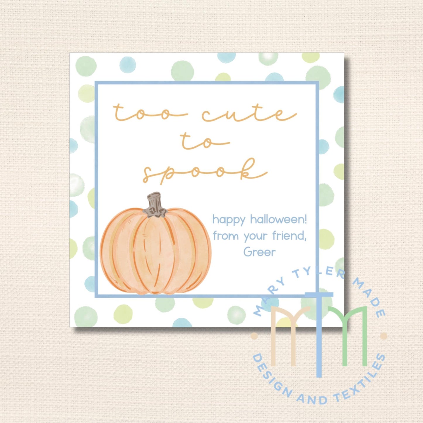 Too Cute to Spook Blue Boy Halloween Tag, Printable Tag, Instant Download, Editable Tag, Halloween Party Favor, Digital Tag