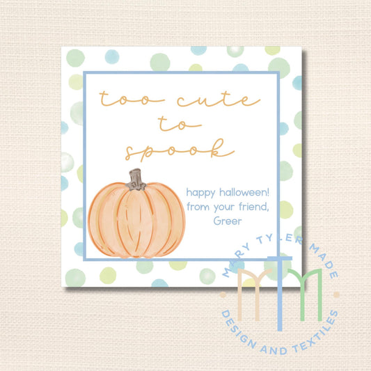 Too Cute to Spook Blue Boy Halloween Tag, Printable Tag, Instant Download, Editable Tag, Halloween Party Favor, Digital Tag