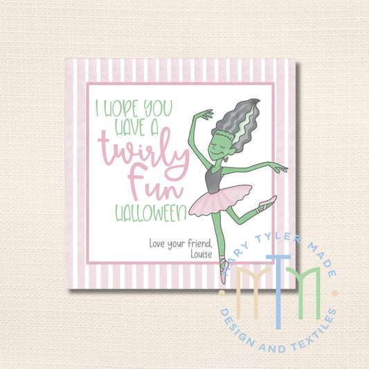 Twirly Fun Halloween Mrs Frankestein, Printable Tag, Instant Download, Editable Tag, Halloween Party Favor, Digital Tag